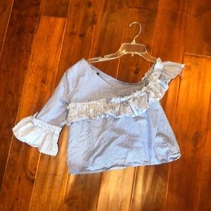 Blue white one sleeve top